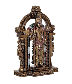 Close side of Kartikeya statue with detailed robe, spear, and ornate pillars, 8.5 inch