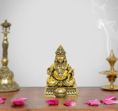 AONA golden brass Kuber idol statue, seated with detailed jewelry, 3 inch height