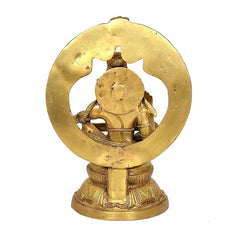 Rear view of seated Lord Ayyappan brass statue, gold circular halo frame