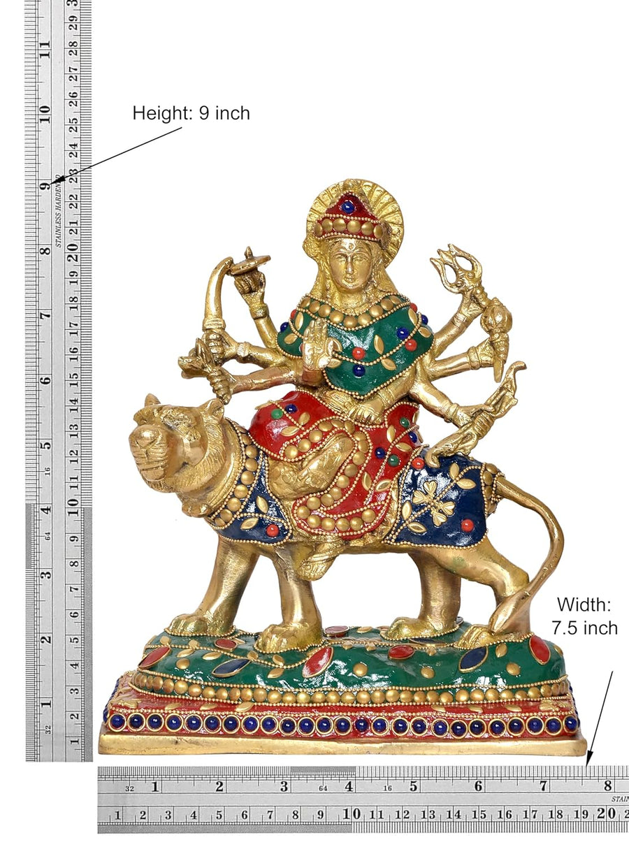 Brass Durga Maa with Lion Idol Hindu Goddess Sherawali MATA Murti MATA Rani Statue Figurine Home Temple (Height: 9 Inch) Craft Detail
