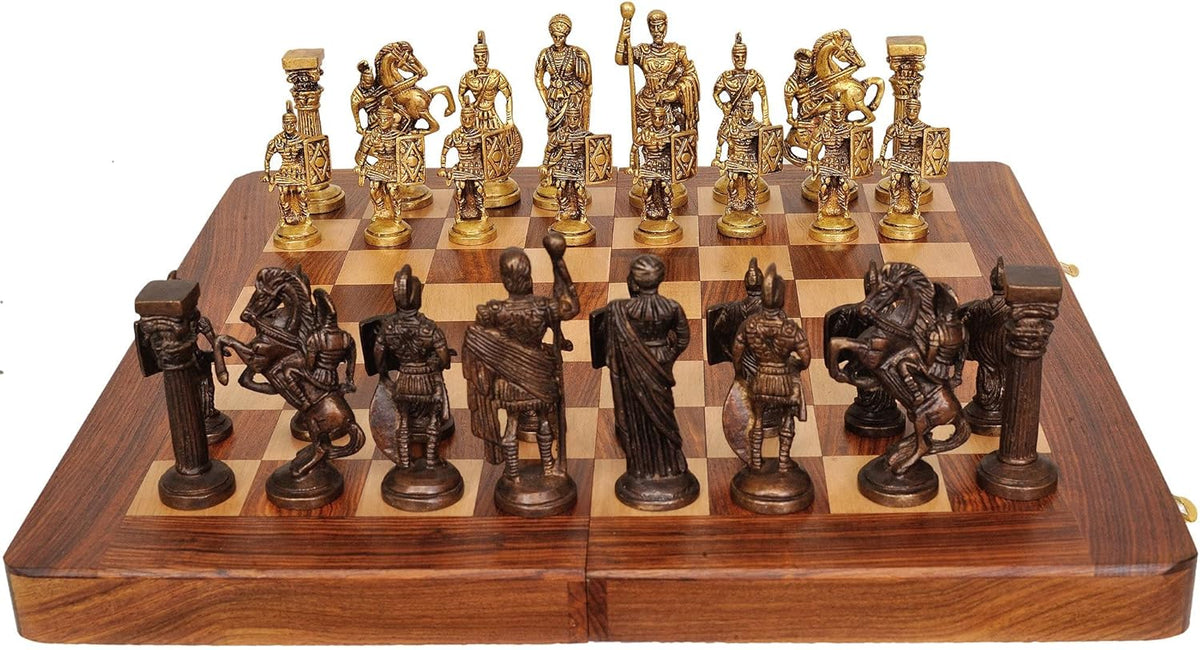 14x14 wooden chess board with brass and dark Roman chess pieces set