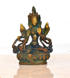 Front view brass Green Tara statue, seated lotus, raised hands and ornate headdress
