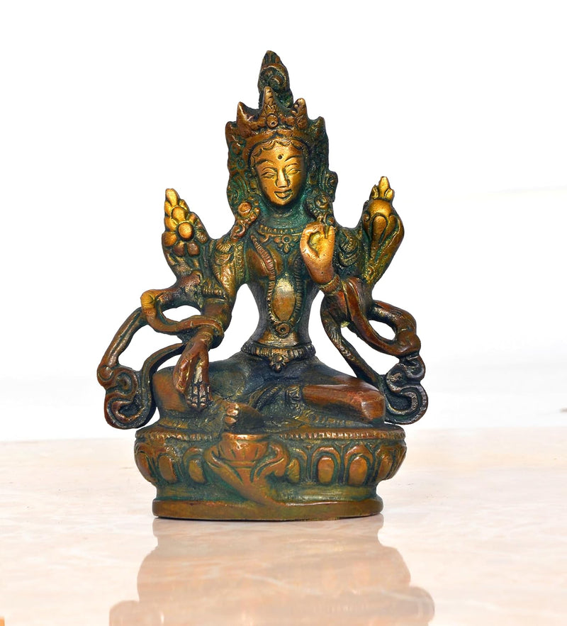 Brass Tara Devi Statue - Green Tara for Worship, Meditation Spaces, for Home Decor and Office, or as a Thoughtful Spiritual Gift. (Height 4.5 Inch)