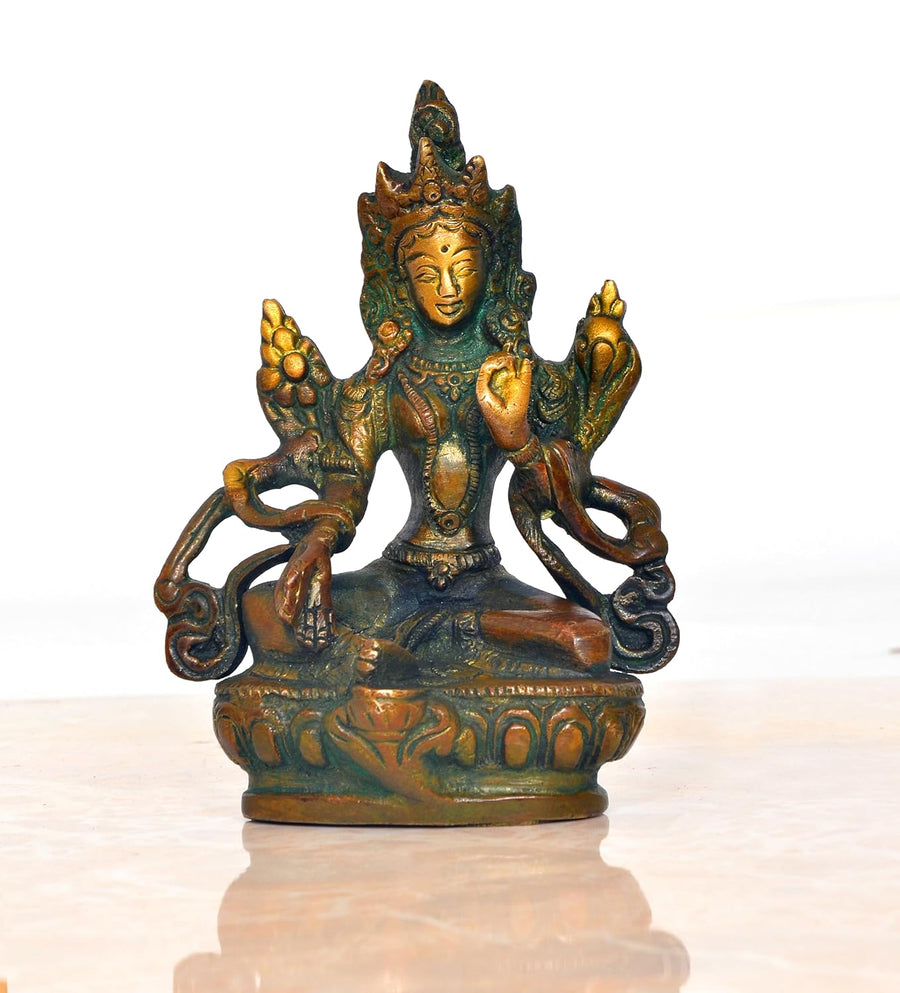 Brass Tara Devi Statue - Green Tara for Worship, Meditation Spaces, for Home Decor and Office, or as a Thoughtful Spiritual Gift. (Height 4.5 Inch) Craft Detail