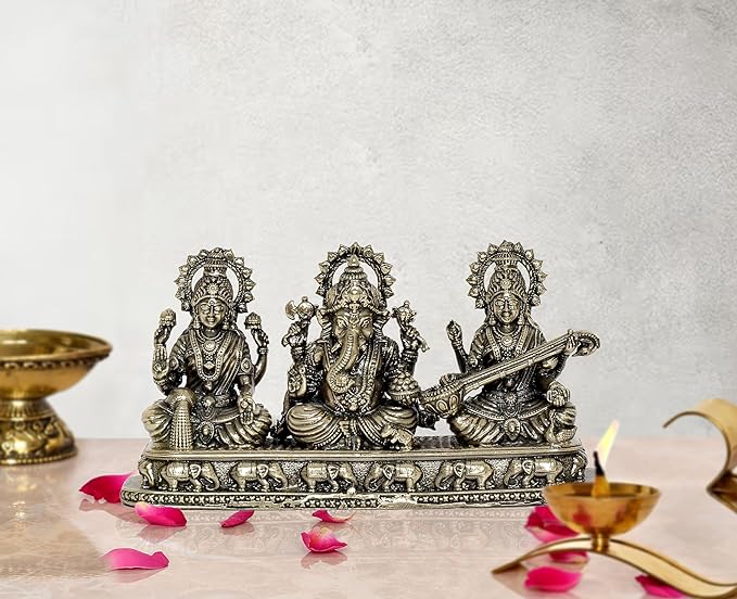 Brass Ganesha laxmi Saraswati Idol Temple Murti Diwali Pooja Gift Decoration Showpiece (Height 3 Inch)