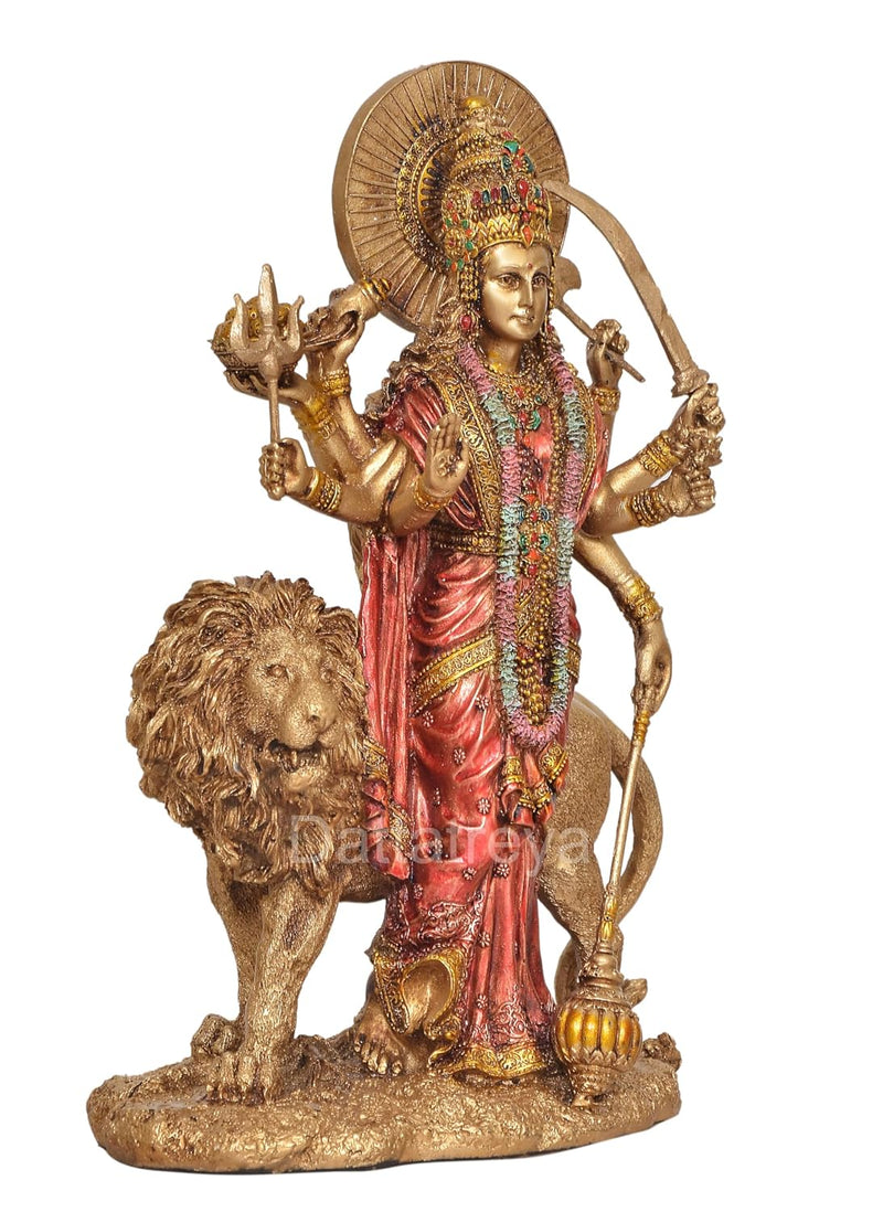 Resin Standing Durga Maa with Lion Idol Hindu Goddess Sherawali MATA Murti MATA Rani Statue Figurine Home Temple (Height: 11 Inch)