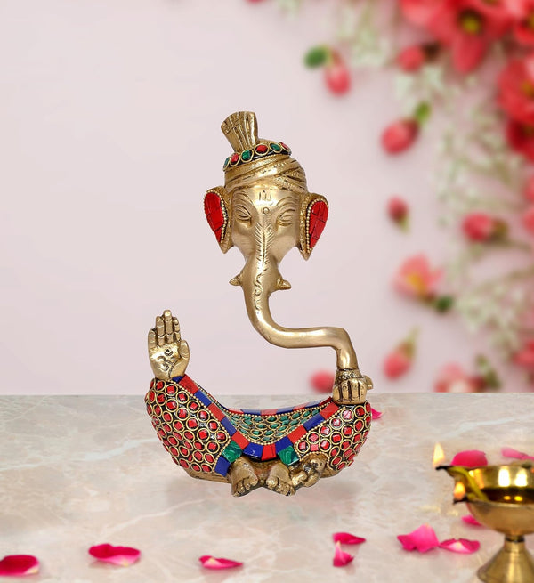 Brass Modern Ganesha |Safa Ganesh Murti| Multicolor Stone Work Finish | Home Decor/Office Entrance/Temple/Diwali Gift | (Height : 7 inch) (Multi)