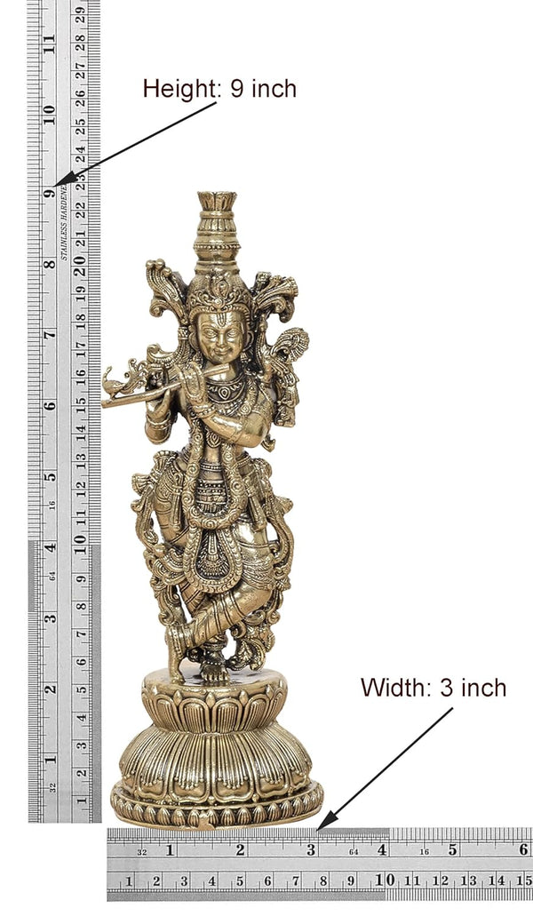 Superfine Brass Lord Krishna Sculpture Playing Flute (Height 9 Inch) Entryway Setting