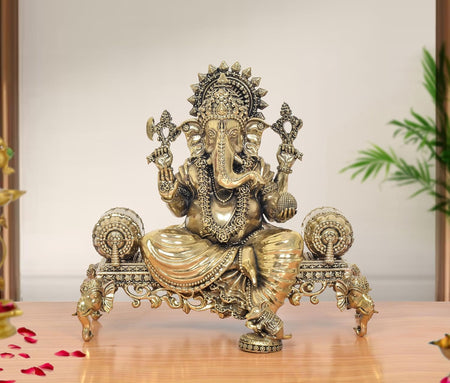 Superfine Brass Ganesha with Singhasan Idol (Height: 8 inch)