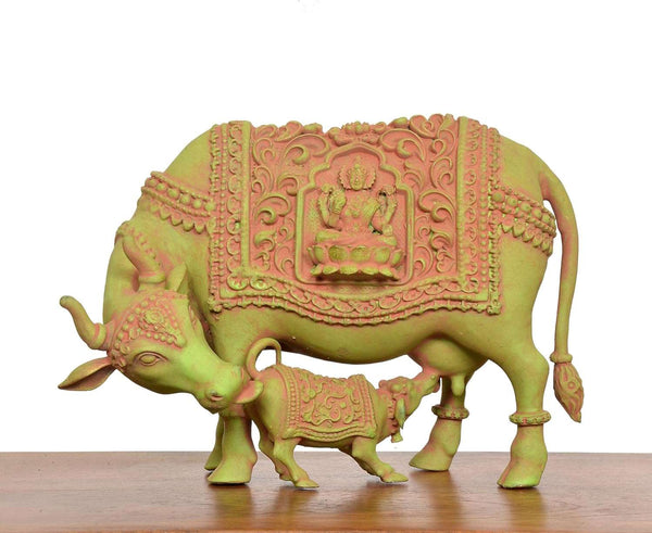 Superfine Brass Kamdhenu Cow with Calf and Lakshmi Ji Statue (Height 5 Inch) Entryway Setting