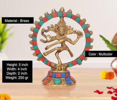 Brass Natraj Lord Shiva idol, multicolor halo and base, frontal view