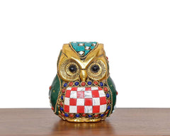 Metal owl decorative showpiece statue front view, teal-and-gold head with checkered body