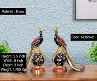Multicolor brass peacock figurines (5.5 in tall) with jeweled body and gold feet