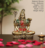 Brass Lord Shiva murti in blessing pose with multicolor detailing on chest and outfit