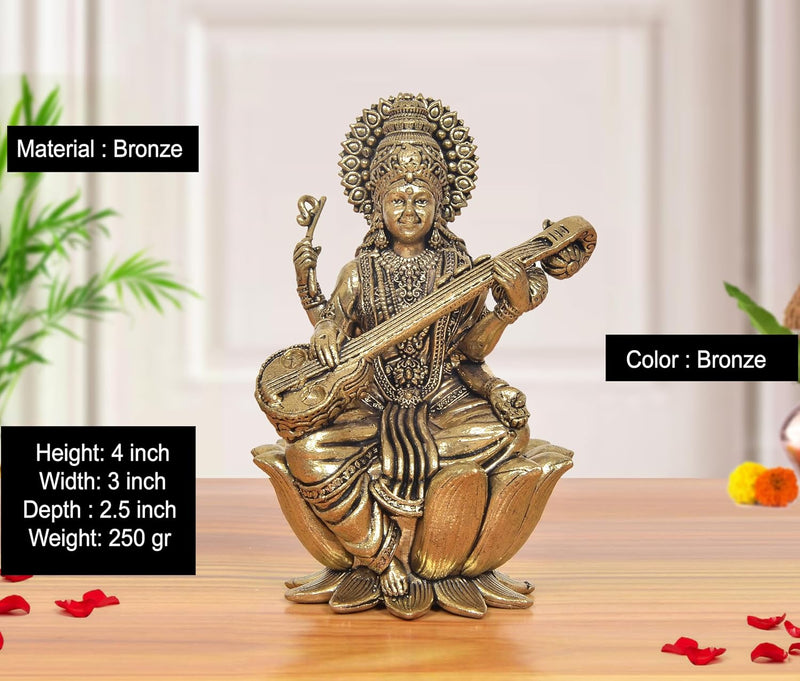 Bronze Maa Saraswati Idol Sitting on Lotus (Height 4 Inch)