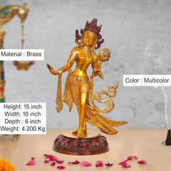 Brass Dancing Tara Devi statue, multicolor accents, standing pose with detailed crown