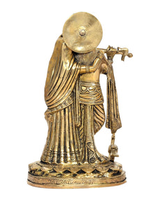 Brass Radha-Krishna idol statue backside view, circular halo and draped clothing