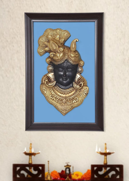 Brass Shrinathji Thakur ji Bihari ji Face Mask with Frame Wall Hanging (Height 15 Inch)