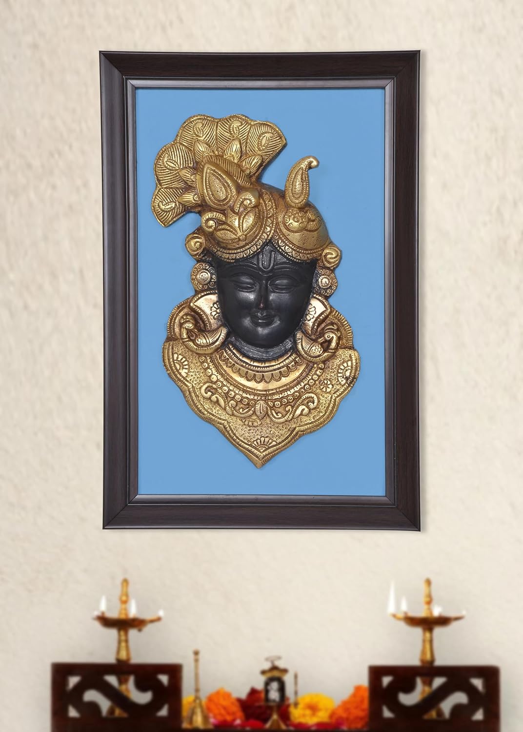 Framed brass Shrinathji Thakur face mask wall hanging, gold deity with dark face