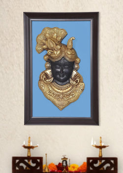 Brass Shreenathji Face Mask with Fram Idol Wall Hanging Good Luck for Temple Home Door Mandir and Office (Height 15 Inch)