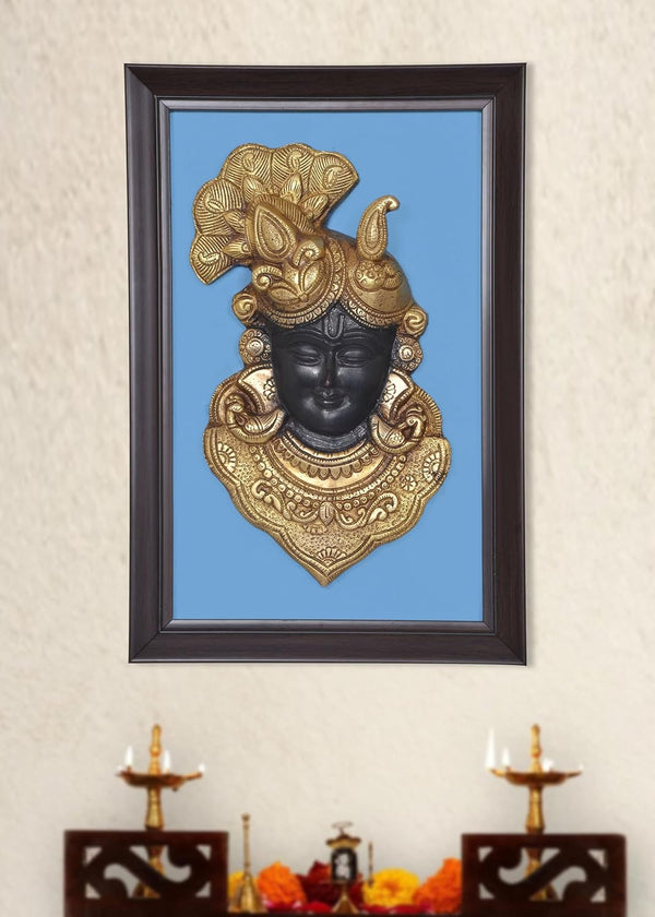 Brass Shreenathji Face Mask with Fram Idol Wall Hanging Good Luck for Temple Home Door Mandir and Office (Height 15 Inch)