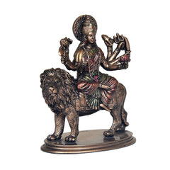 MAA Durga polyresin sculpture on lion, front view with detailed jewelry and seated pose