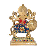 Brass Durga Maa statue rear view on lion, circular back panel with multicolor dress