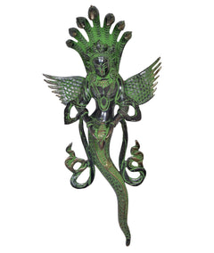 Green brass idol statue with multi-hood cobra crown and outstretched feathered wings