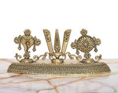 Brass Balaji idol with close, symmetrical view of pedestal and emblem details