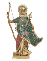 Back view Brass Rama statue, jeweled green-red drape and crown, holding bow and arrow