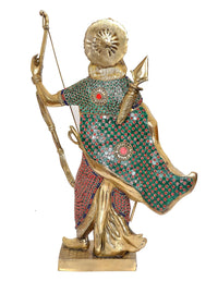 Back view Brass Rama statue, jeweled green-red drape and crown, holding bow and arrow