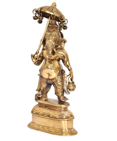 Brass Ganesha idol showpiece holding umbrella, side view with decorative armor details