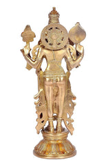 Golden brass Vishnu ji standing statue, back view with circular halo and decorative arms