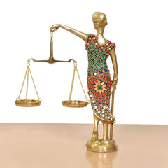 Lady Justice brass figurine, side view with twin scale bowls and jeweled outfit