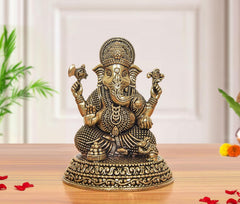 Superfine Brass Ganesh statue, seated with four arms and ornate crown