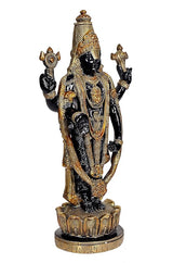 Front view brass Tirupati Balaji idol, ornate garlands and trident-like hand details