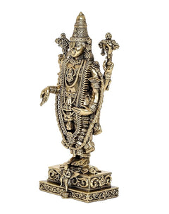 Side view brass Bala Ji idol statue, four arms raised, ornate engravings on plinth