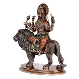Durga figure on lion, front-right view; multicolour sari and jeweled belt