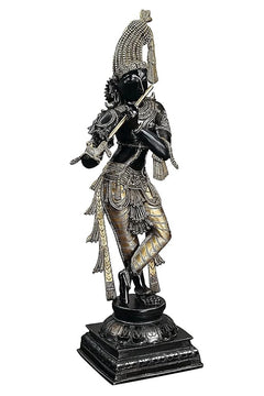 Krishna Murti Idolstatue, seitliche Ansicht, schwarz glänzend mit goldenen Ornamenten