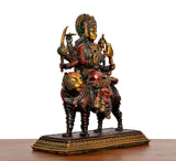 Durga Maa brass statue riding a tiger, rear/side view with many arms and ornate base
