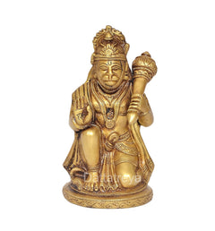 Brass Hanuman JI seated statue idol, ornate crown and detailed jewelry, 6 inch