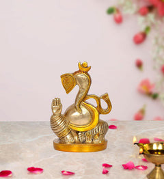 Brass Lord Ganesha figurine, raised hand, gold crown details