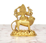 Durga Maa brass statue on lion, golden finish, close rear view of base