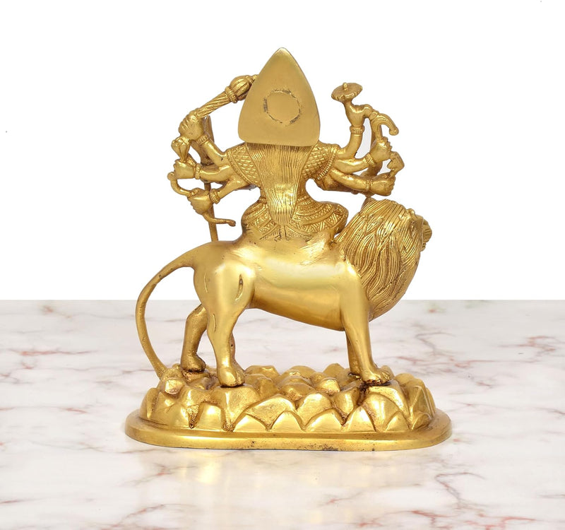 Brass Durga Maa with Lion Statue (Height: 7.5 Inch)