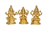 Brass trio deity statue set: Ganesh, Lakshmi, Saraswati, seated on pedestals