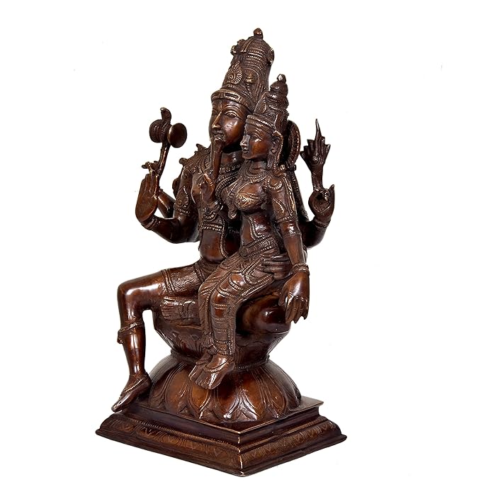 Lord Shiva and Parvati Sitting on Lotus Asan Golden in Brass Statue for Puja (Height: 15.2 Inches)