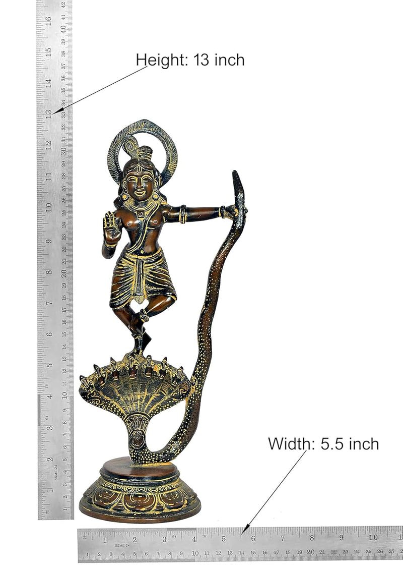 Brass Krishna Bhagwan Murti Dancing on Kaliya Naag - Religious Statue for Home Temple Pooja Mandir Office Decor (Height 13 Inch)