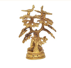 Golden brass Buddha tree idol, ornate branch with birds above seated figure