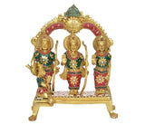 Brass Ram Darbar idol with three standing figures, arched frame, and jeweled crown