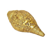 Brass shankh wall hanging, angled view with Durga Ma and detailed engraving